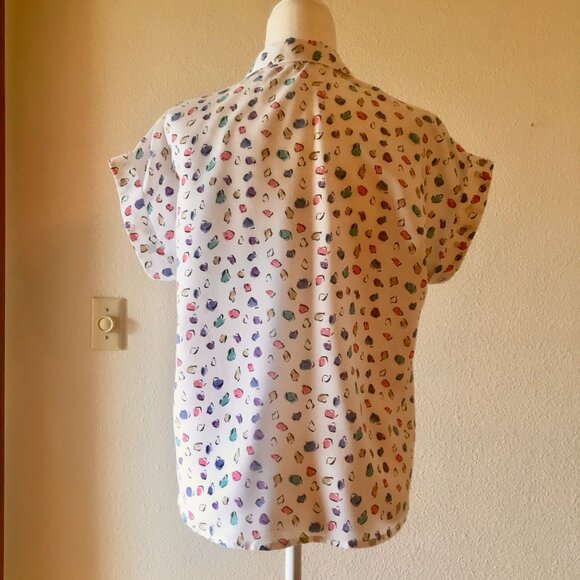 VTG 80s Cabrais White Button Down Blouse Short Sleeve Colorful Abstract S / M - Picture 6 of 7
